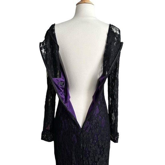 DAVID MEISTER Black Lace Cocktail Dress Beaded Cuffs, Purple Lining Size 6 - Picture 9 of 16